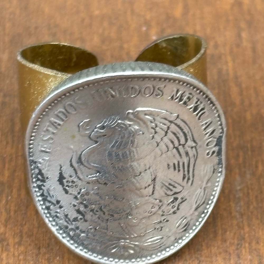 Mexican Coin Adjustable Ring, hand cut brass band